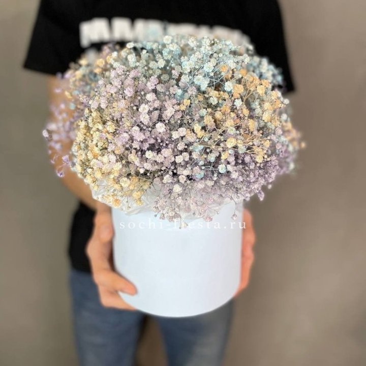 9 Радужных гипсофил в шляпной коробке в Воронеже