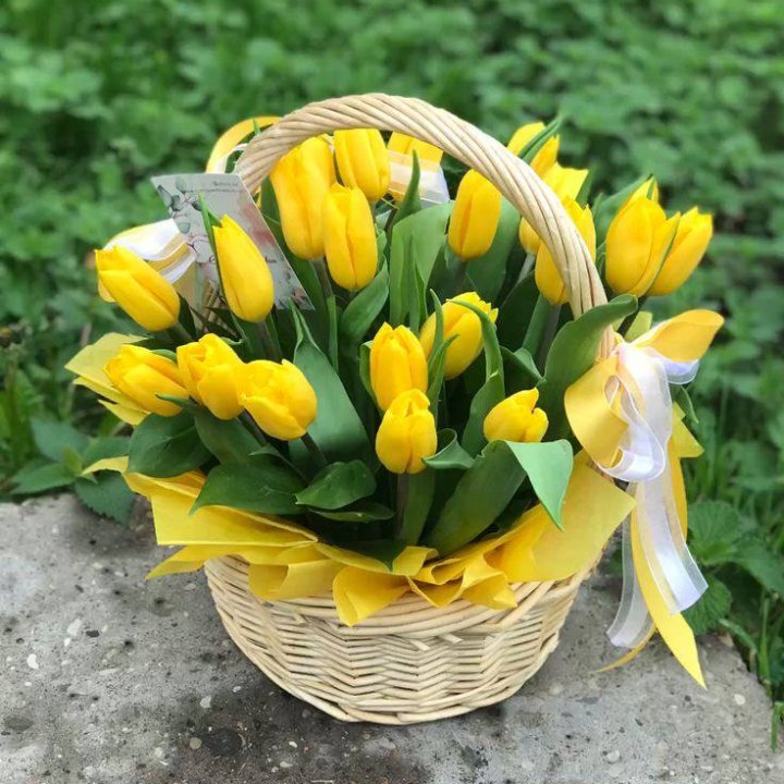 25 желтых тюльпанов в корзине в Воронеже