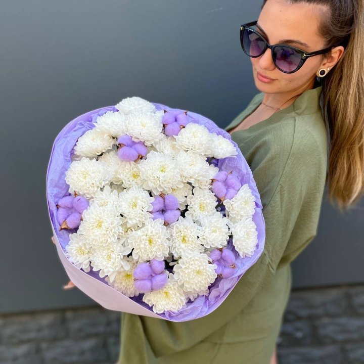  Букет  хризантем и хлопка в Воронеже